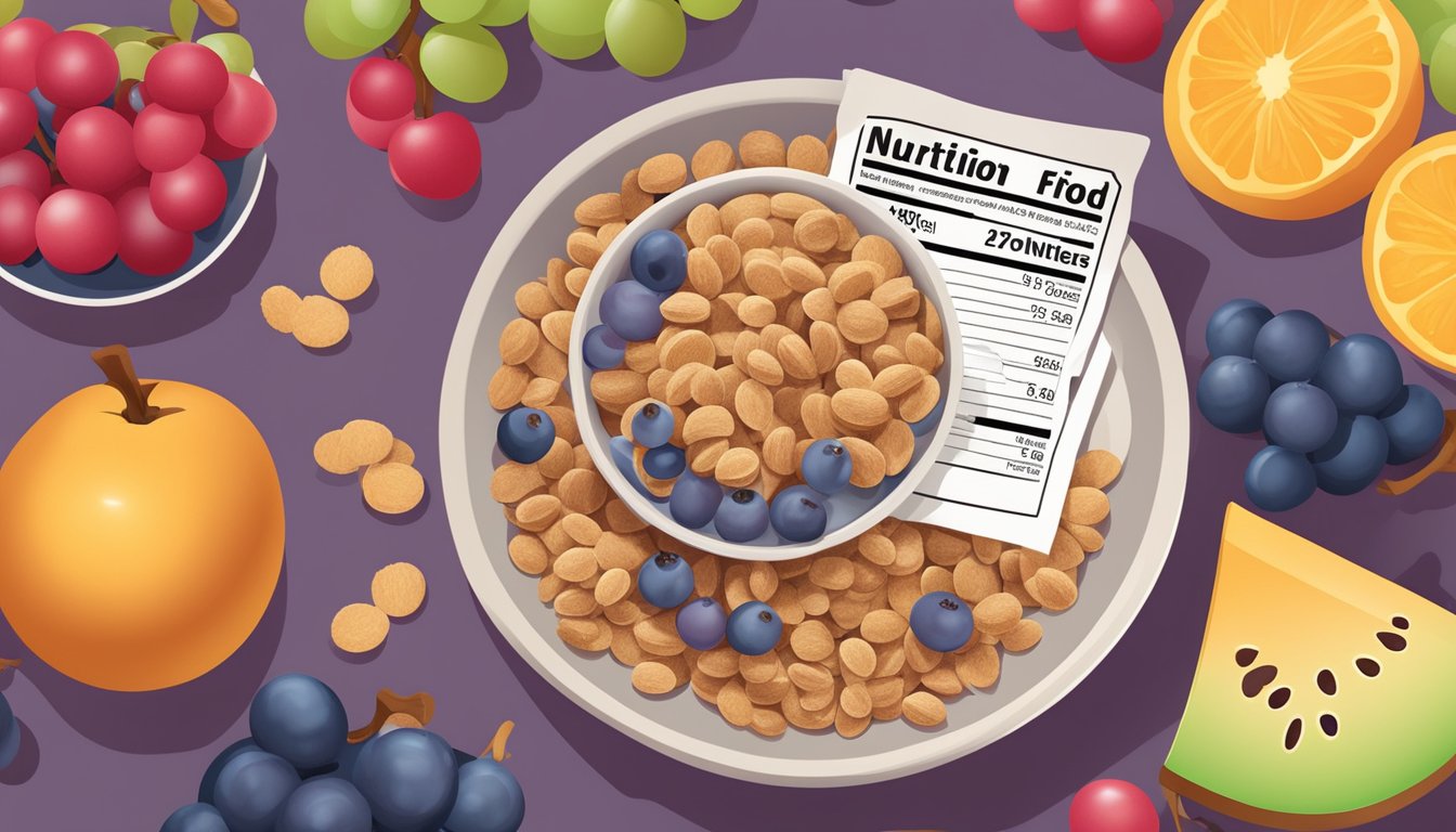 A bowl of Grape Nuts cereal surrounded by various fruits and a nutrition label