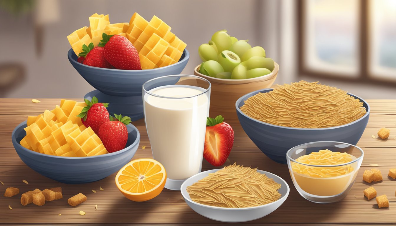 A variety of shredded wheat pieces arranged on a wooden table, surrounded by bowls of fresh fruit and a glass of milk