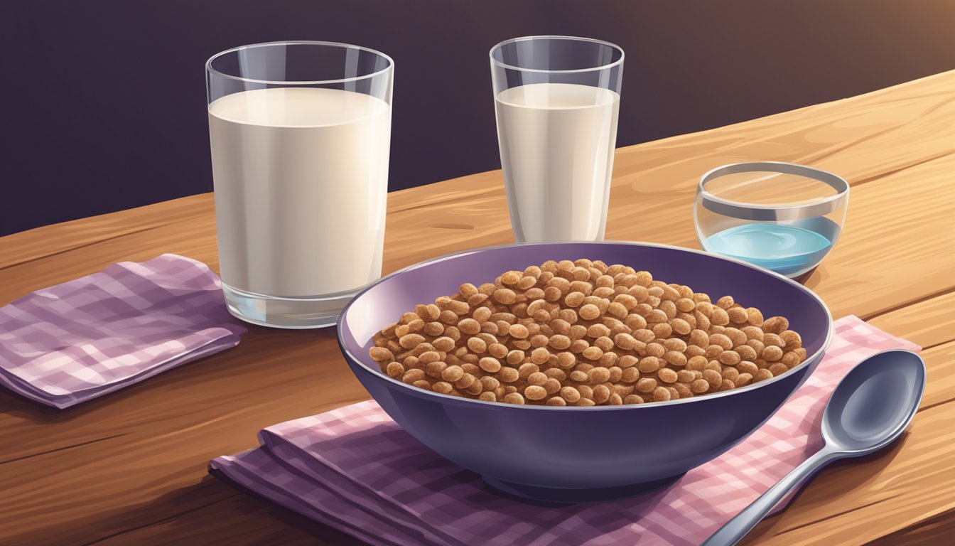 A bowl of grape nuts cereal with milk, a spoon, and a glass of water on a wooden table