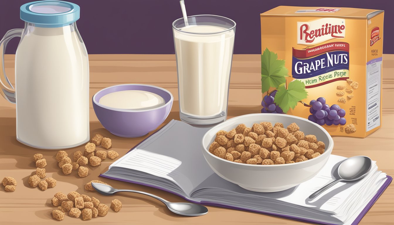 A bowl of grape nuts cereal sits next to a carton of milk, a spoon, and a recipe book open to a page on nutrition