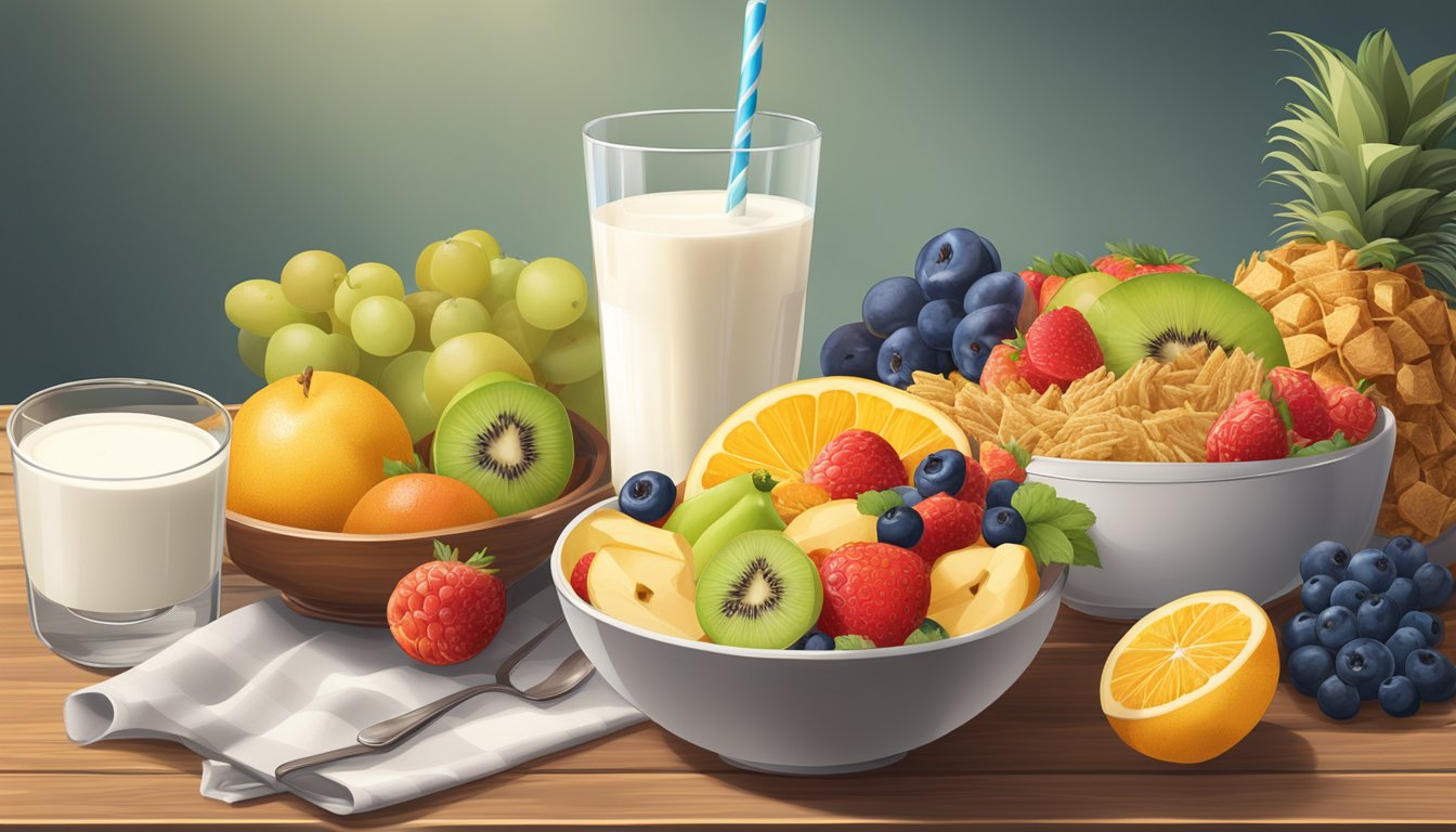 A bowl of shredded wheat surrounded by fresh fruits and a glass of milk on a wooden table