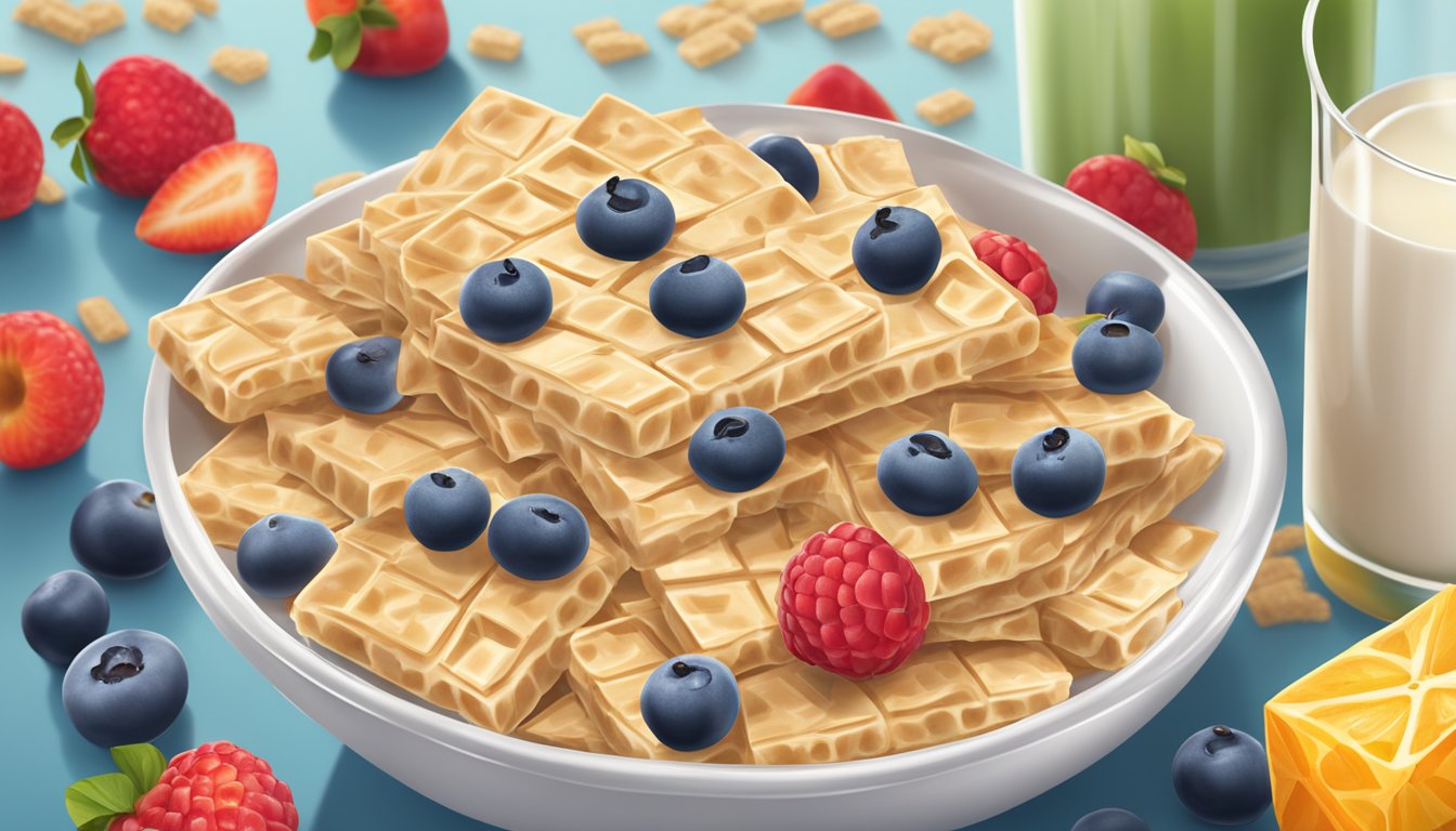 A bowl of Quaker Oatmeal Squares cereal surrounded by a variety of fresh fruits and a glass of milk