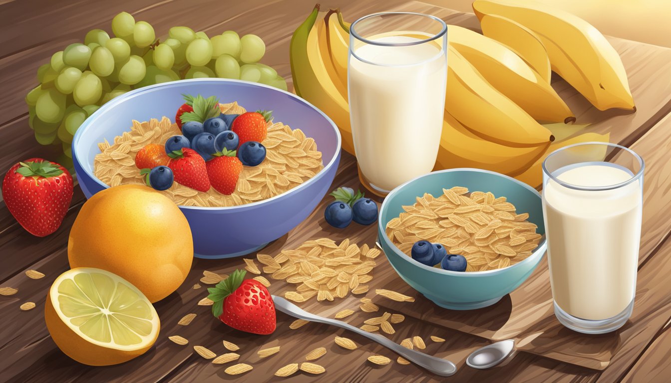 A bowl of shredded wheat surrounded by fresh fruits and a glass of milk on a wooden table