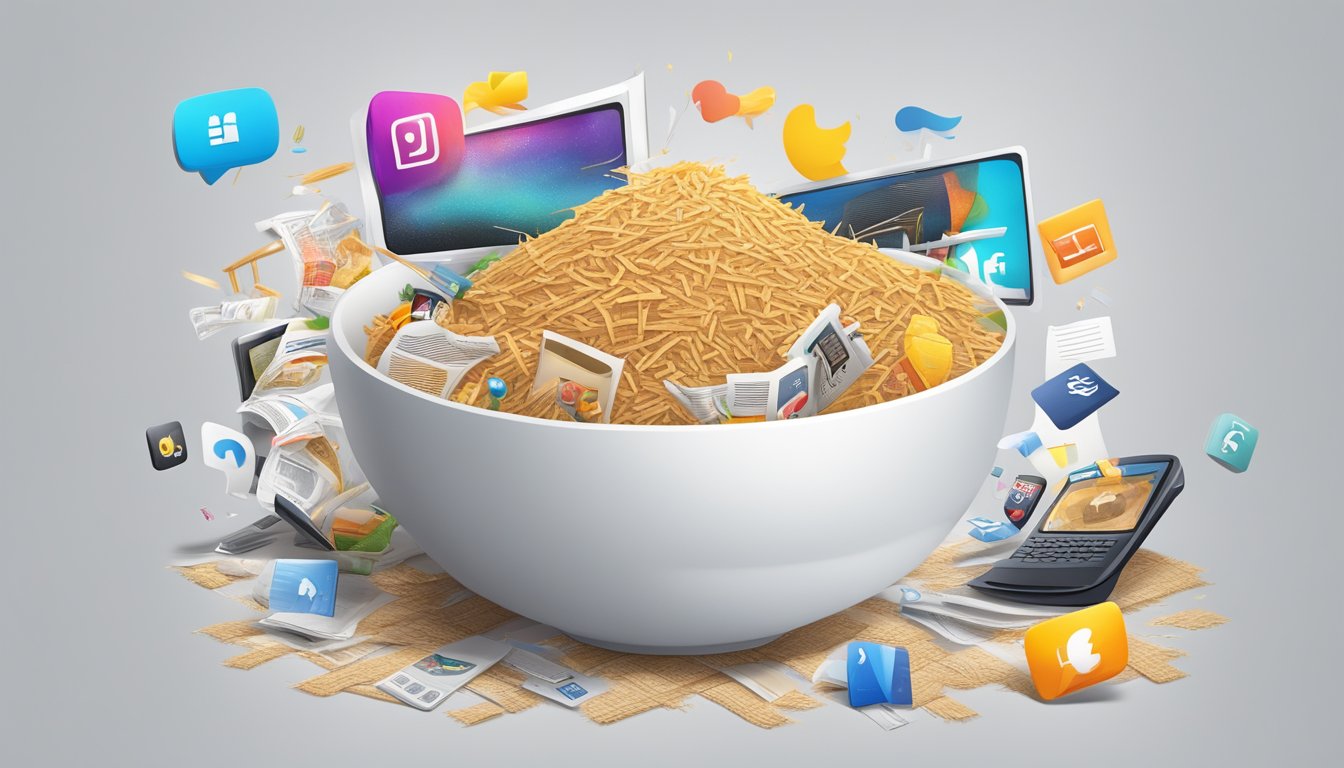 A bowl of shredded wheat surrounded by various media symbols and icons, such as TV screens, newspapers, and social media logos