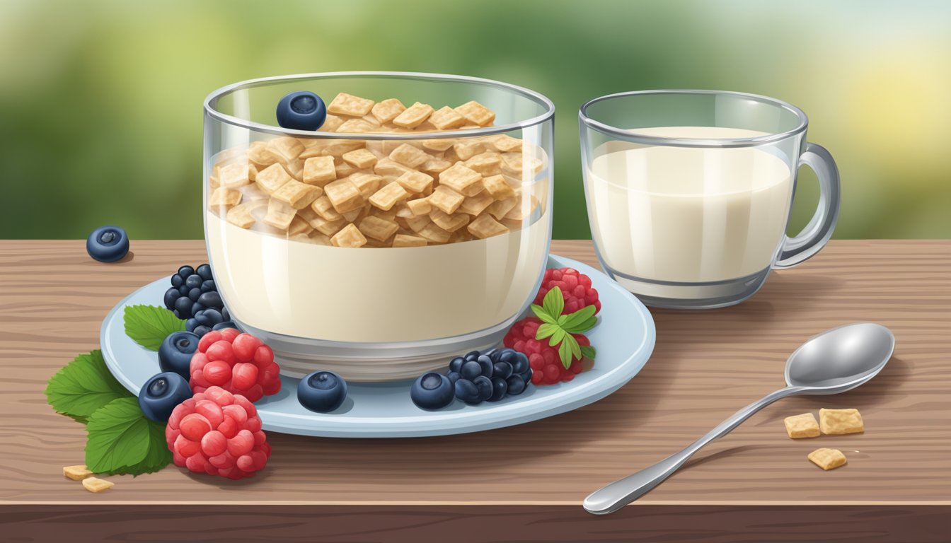 A bowl of Quaker oatmeal squares with fresh berries and a glass of milk on a wooden table