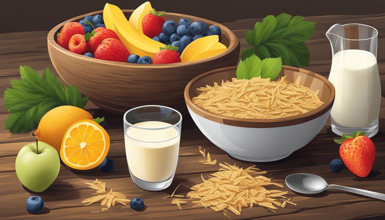 A bowl of shredded wheat surrounded by fresh fruits and a glass of milk on a wooden table