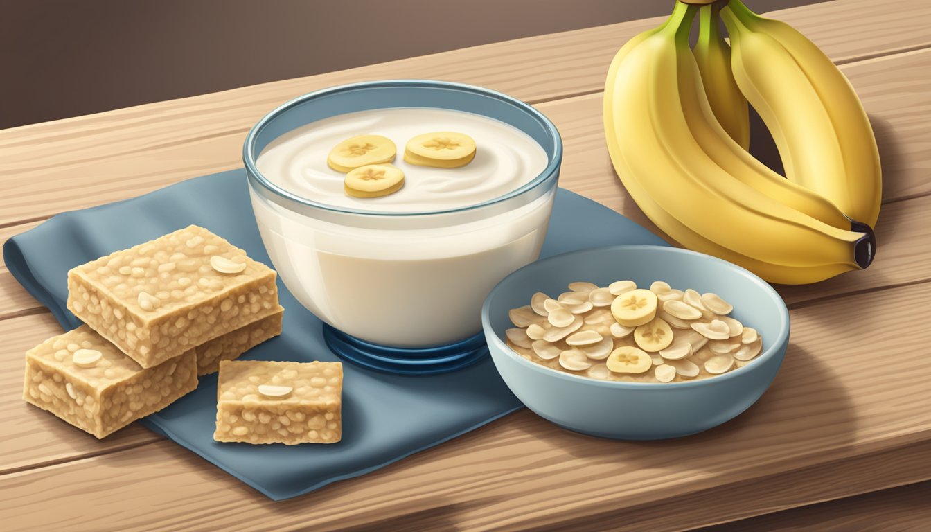 A bowl of Quaker oatmeal squares with a glass of milk and a banana on a wooden table