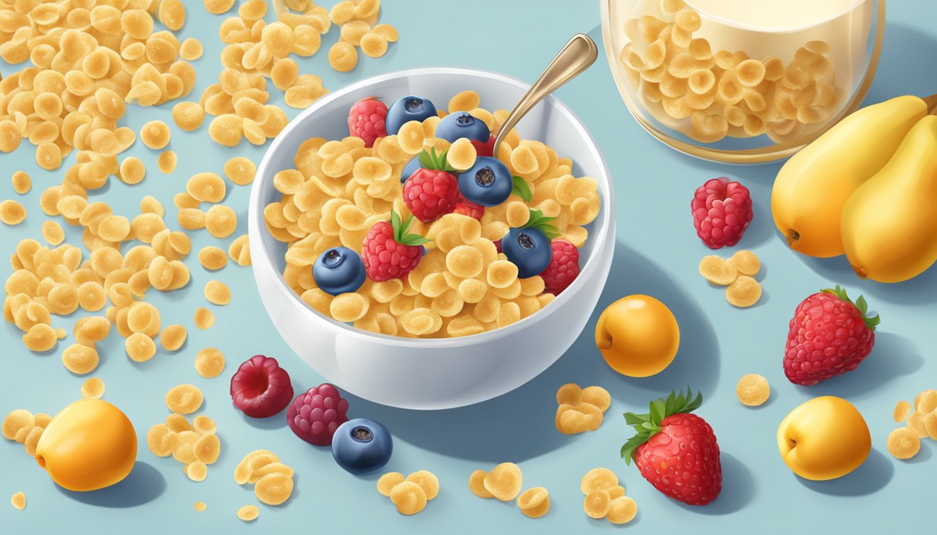 A bowl of Golden Crisp cereal surrounded by a glass of milk, a spoon, and a pile of fresh fruit