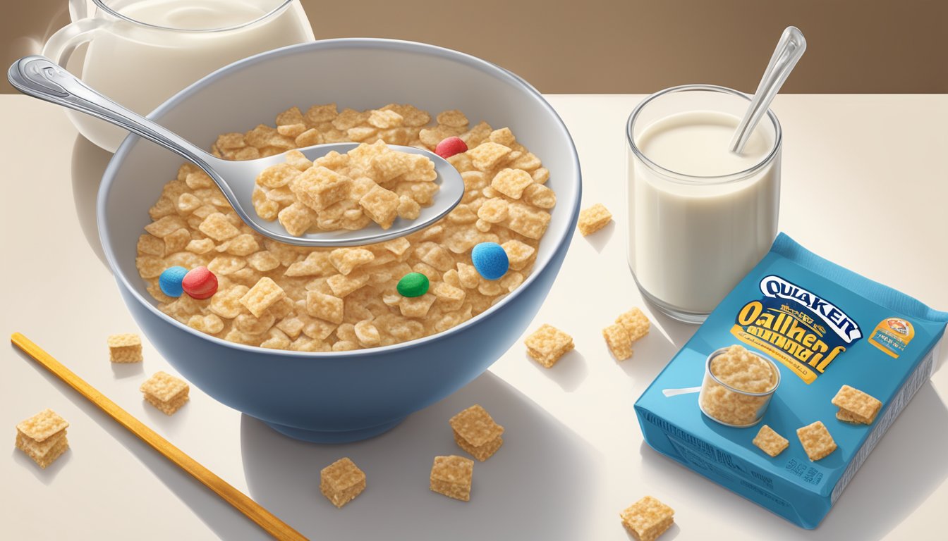 A bowl of Quaker oatmeal squares cereal with milk poured over it, a spoon resting on the side, and a measuring cup filled with cereal beside it