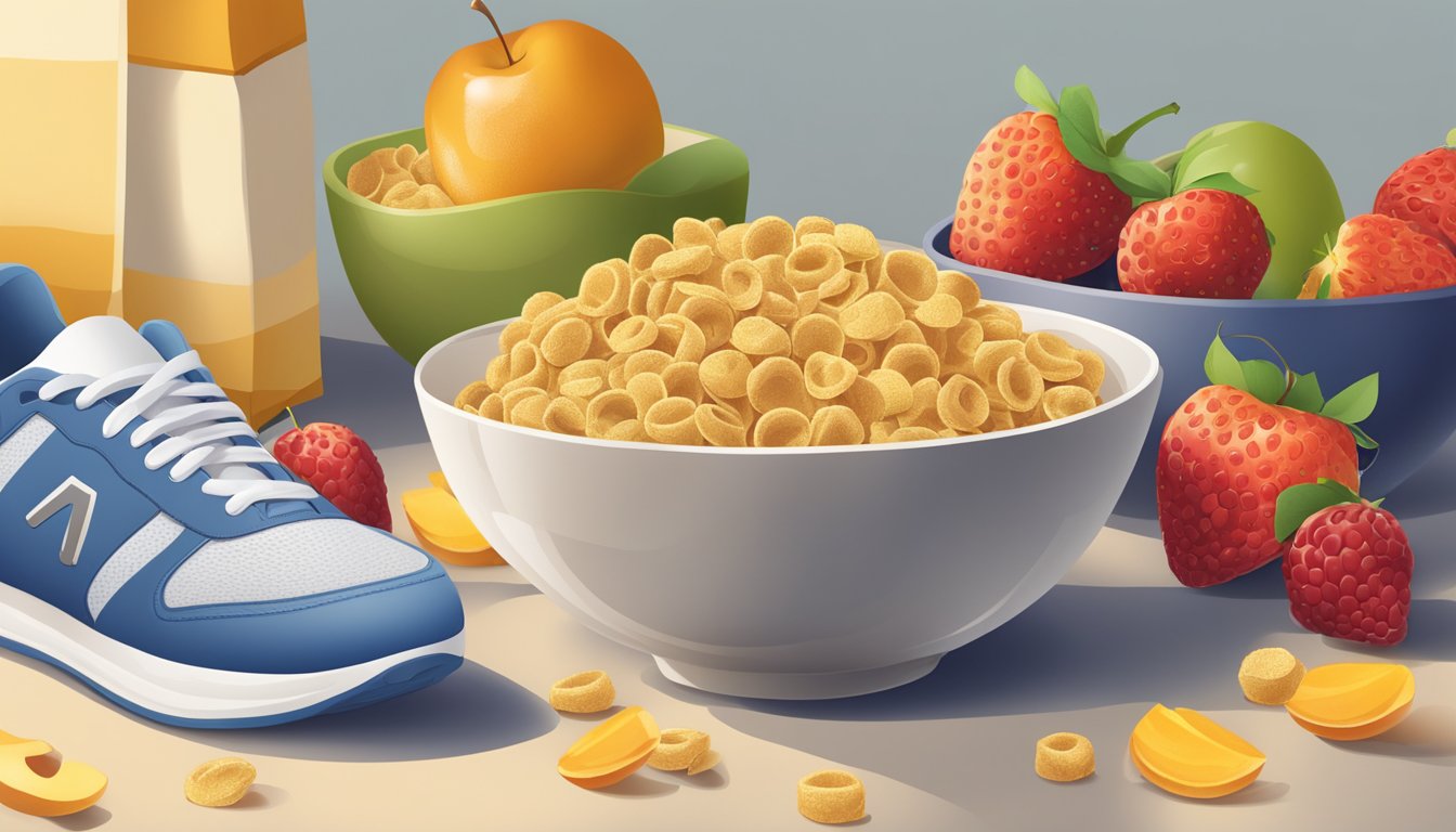 A bowl of Golden Crisp cereal surrounded by fresh fruits and a glass of milk, with a measuring tape and a pair of running shoes nearby