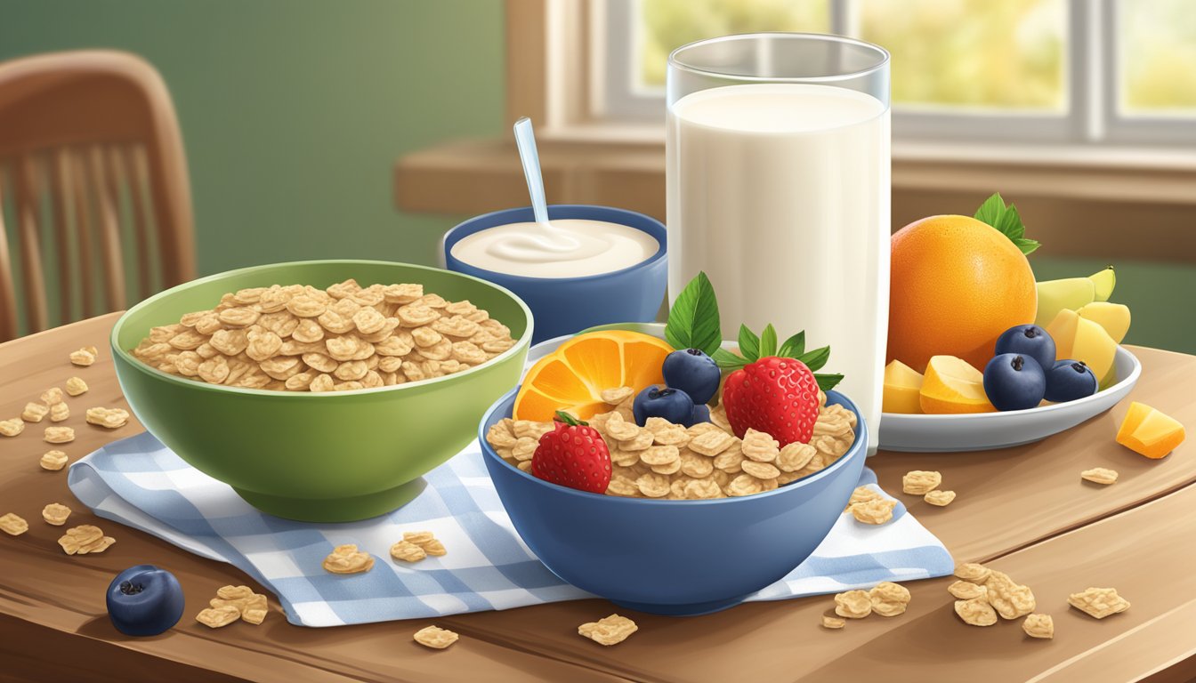 A bowl of Quaker Oatmeal Squares cereal surrounded by various types of fresh fruit and a glass of milk on a wooden breakfast table