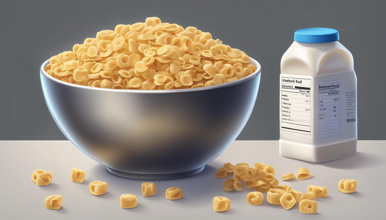 A bowl of golden, crispy cereal with a milk carton and nutrition label in the background