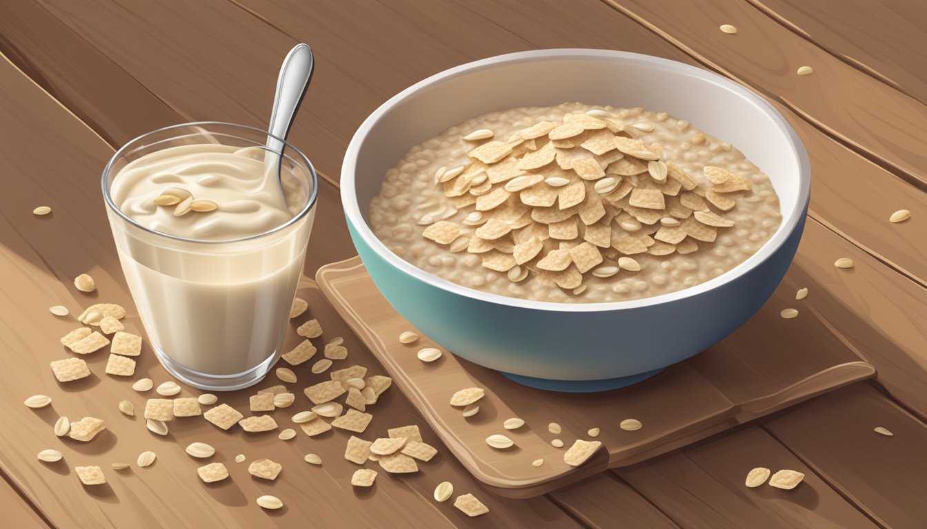 A bowl of Quaker Oatmeal Squares with milk, a spoon, and scattered oats on a wooden table