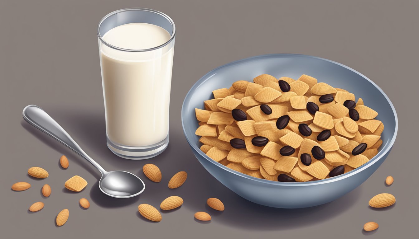 A bowl of Wheat Chex cereal surrounded by a glass of milk, a spoon, and a measuring cup of almonds and raisins