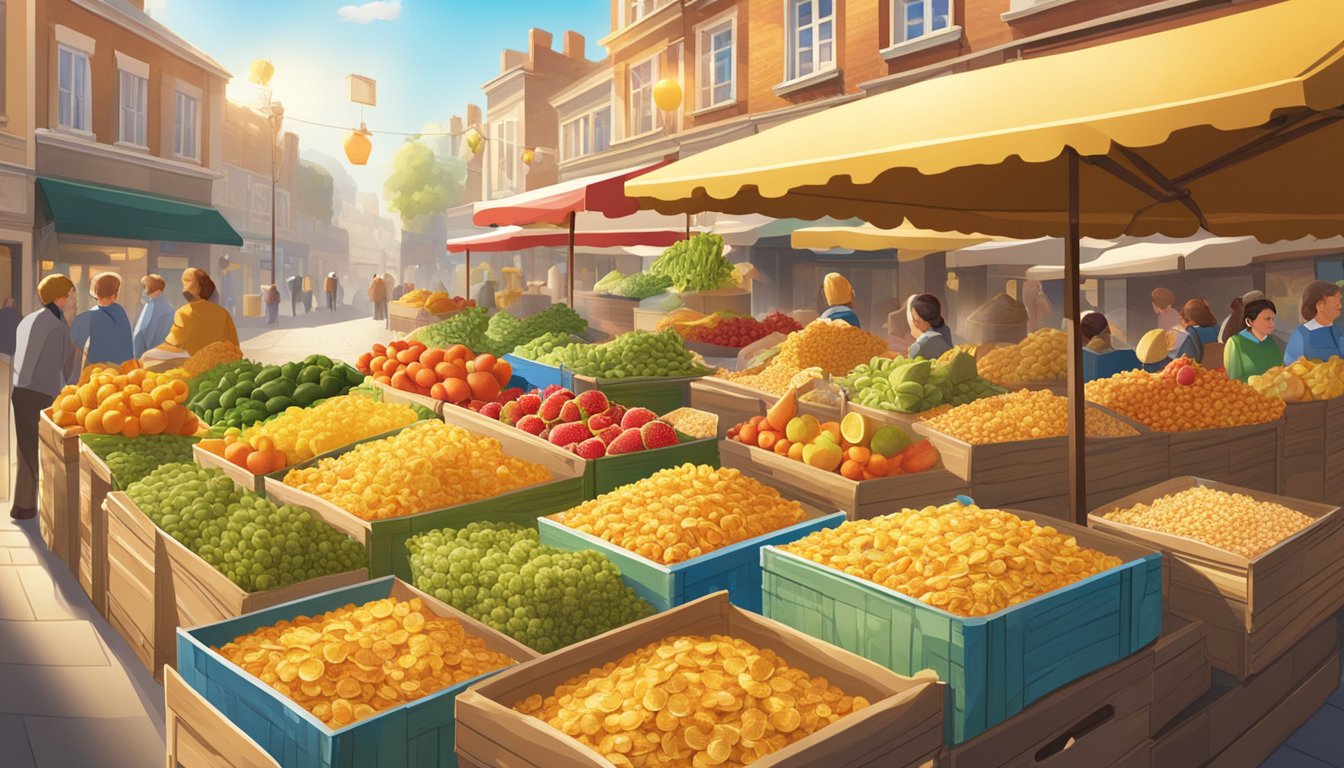 A bustling market stall displays boxes of Golden Crisp cereal, surrounded by vibrant fruits and vegetables. Sunlight illuminates the scene, highlighting the golden hues of the packaging