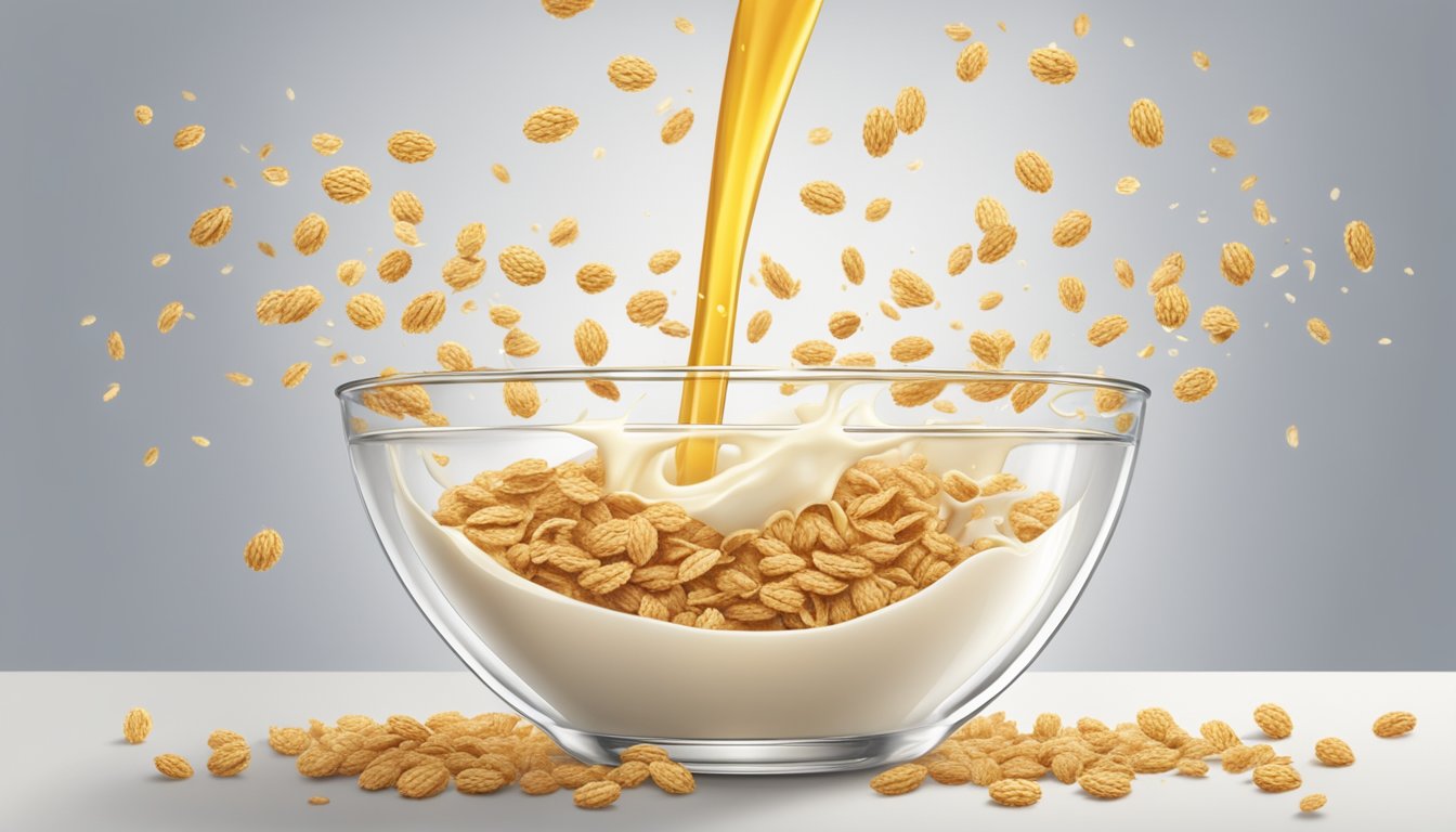 A bowl of golden crisp cereal pouring into a clear glass of milk, with a scattering of oats and a splash of honey