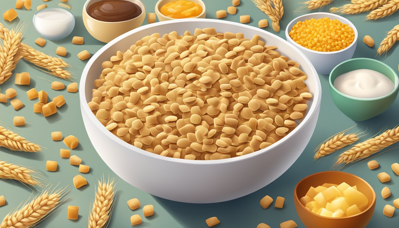 A bowl of wheat Chex cereal surrounded by scattered ingredients like wheat, sugar, salt, and vitamins