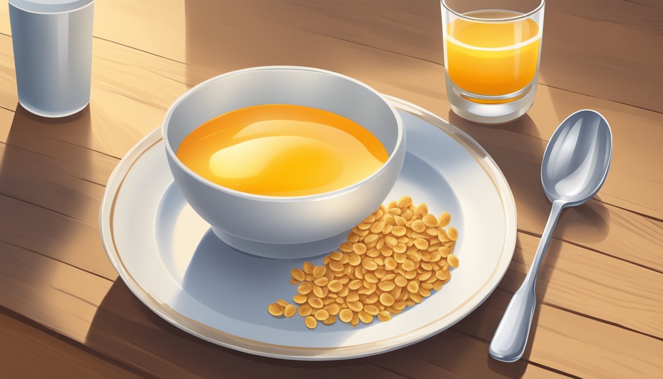 A bowl of golden cereal with milk, a spoon, and a glass of orange juice on a wooden breakfast table