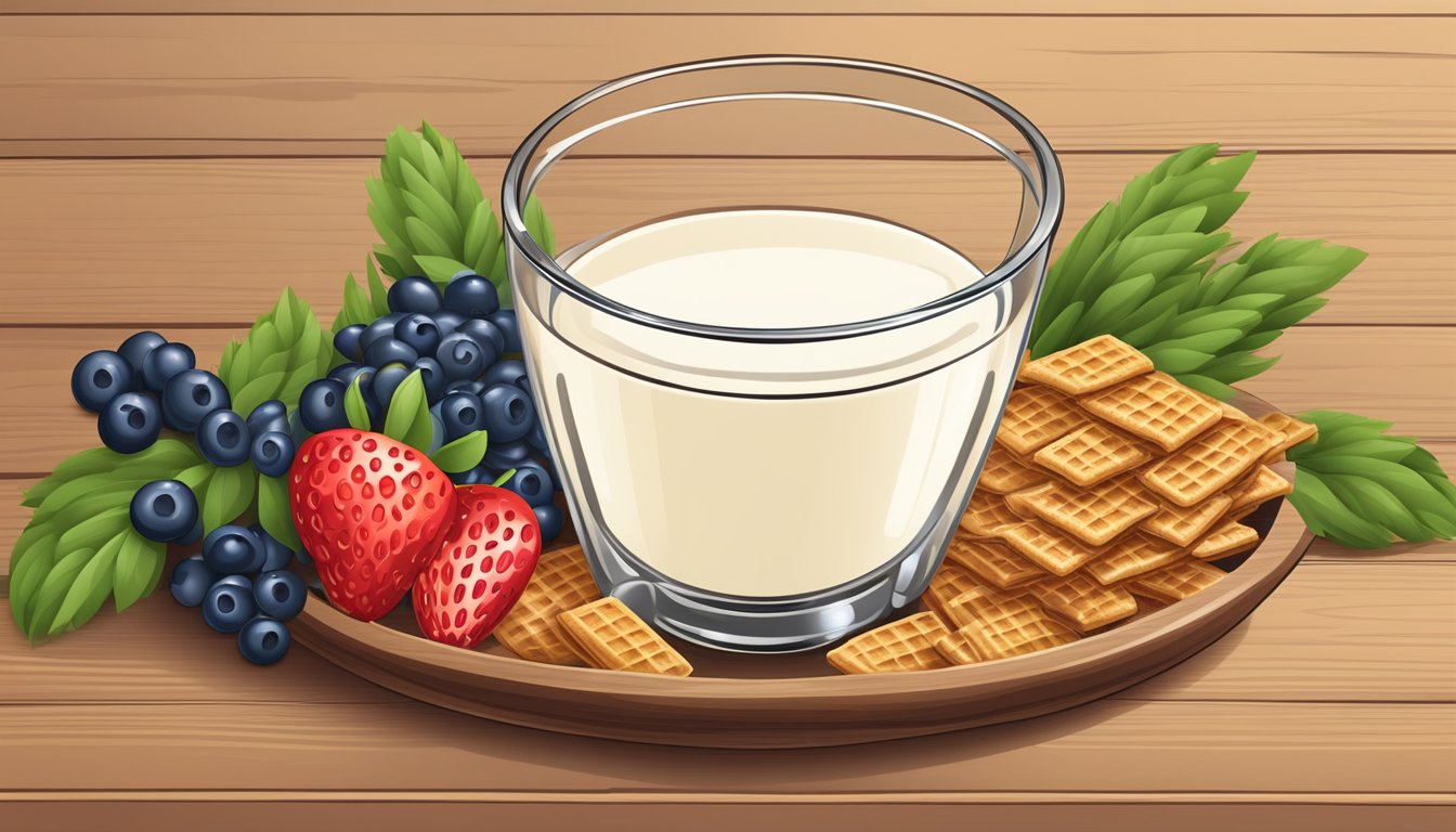 A bowl of Wheat Chex cereal surrounded by fresh berries and a glass of milk on a wooden table