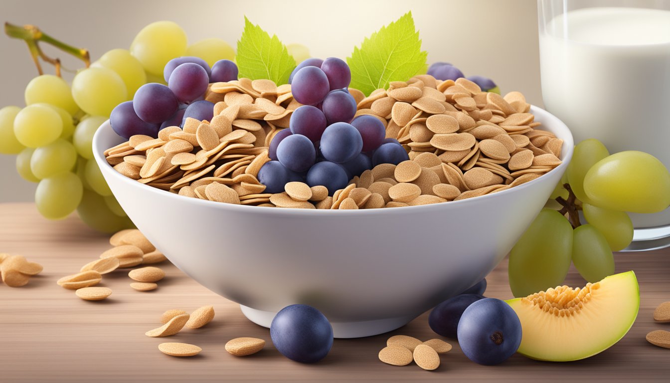 A bowl of grape nut flakes surrounded by a variety of fresh fruits and a glass of milk, with a nutrition label in the background