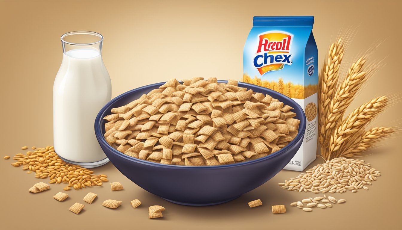 A bowl of Wheat Chex cereal surrounded by a variety of whole grains and a carton of milk, with the brand and manufacturer logos visible