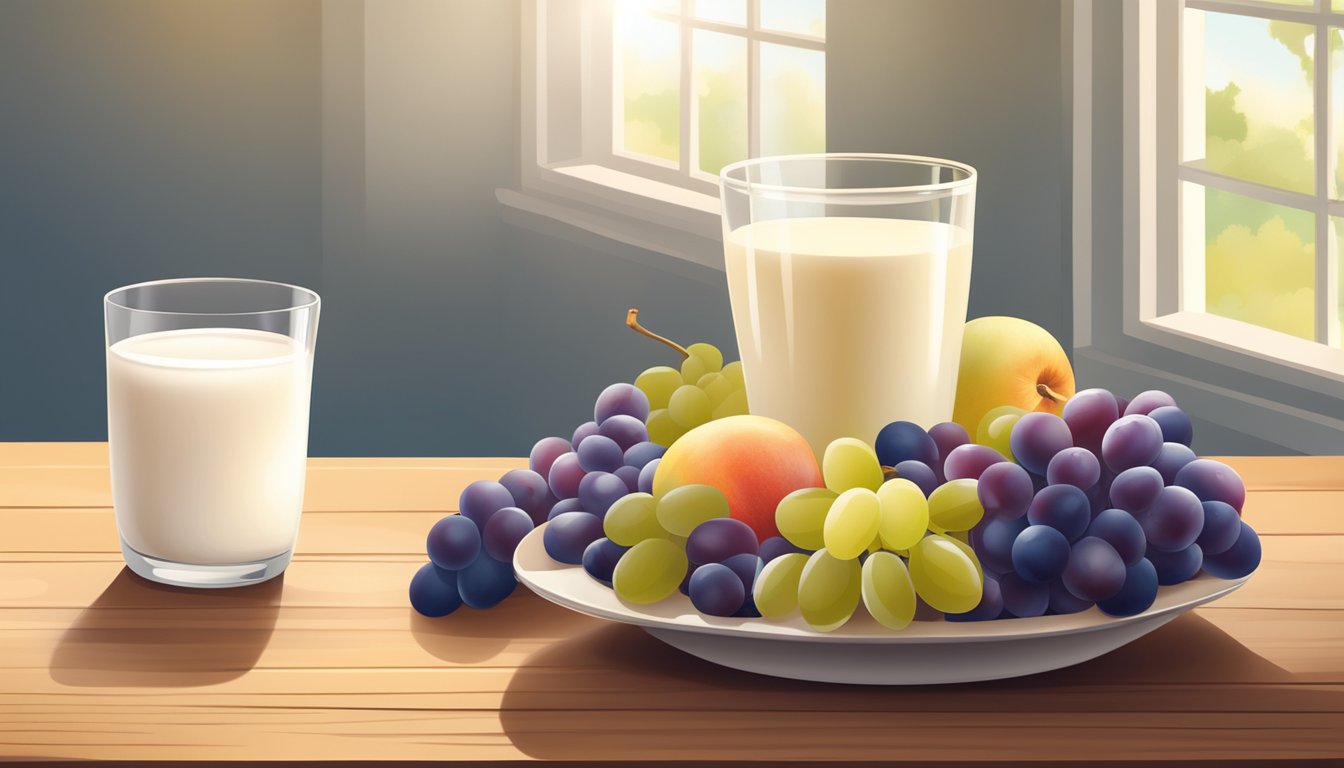 A bowl of grape nut flakes surrounded by fresh fruits and a glass of milk on a wooden table. Sunlight streaming in through a window