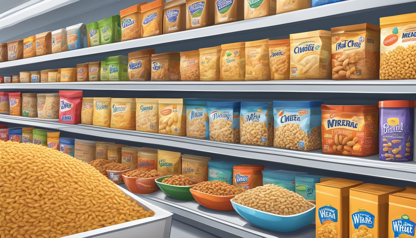 A bowl of Wheat Chex cereal surrounded by a variety of purchasing options, including different sizes and flavors, displayed on a grocery store shelf