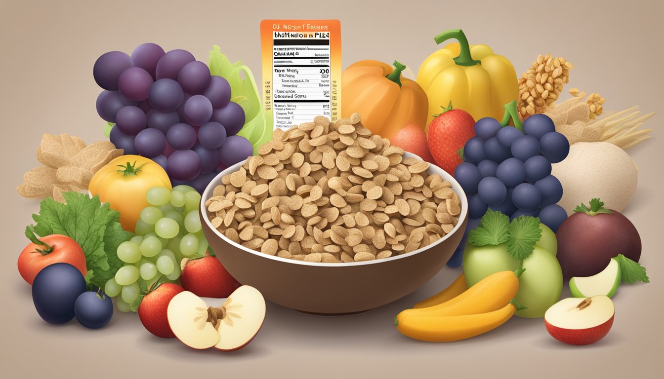 A bowl of grape nut flakes surrounded by various fruits and vegetables, with a nutrition label in the background