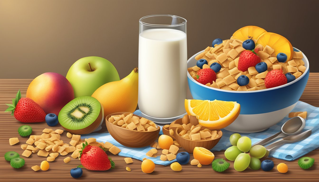 A bowl of Wheat Chex cereal surrounded by a variety of fresh fruits and a glass of milk on a wooden table