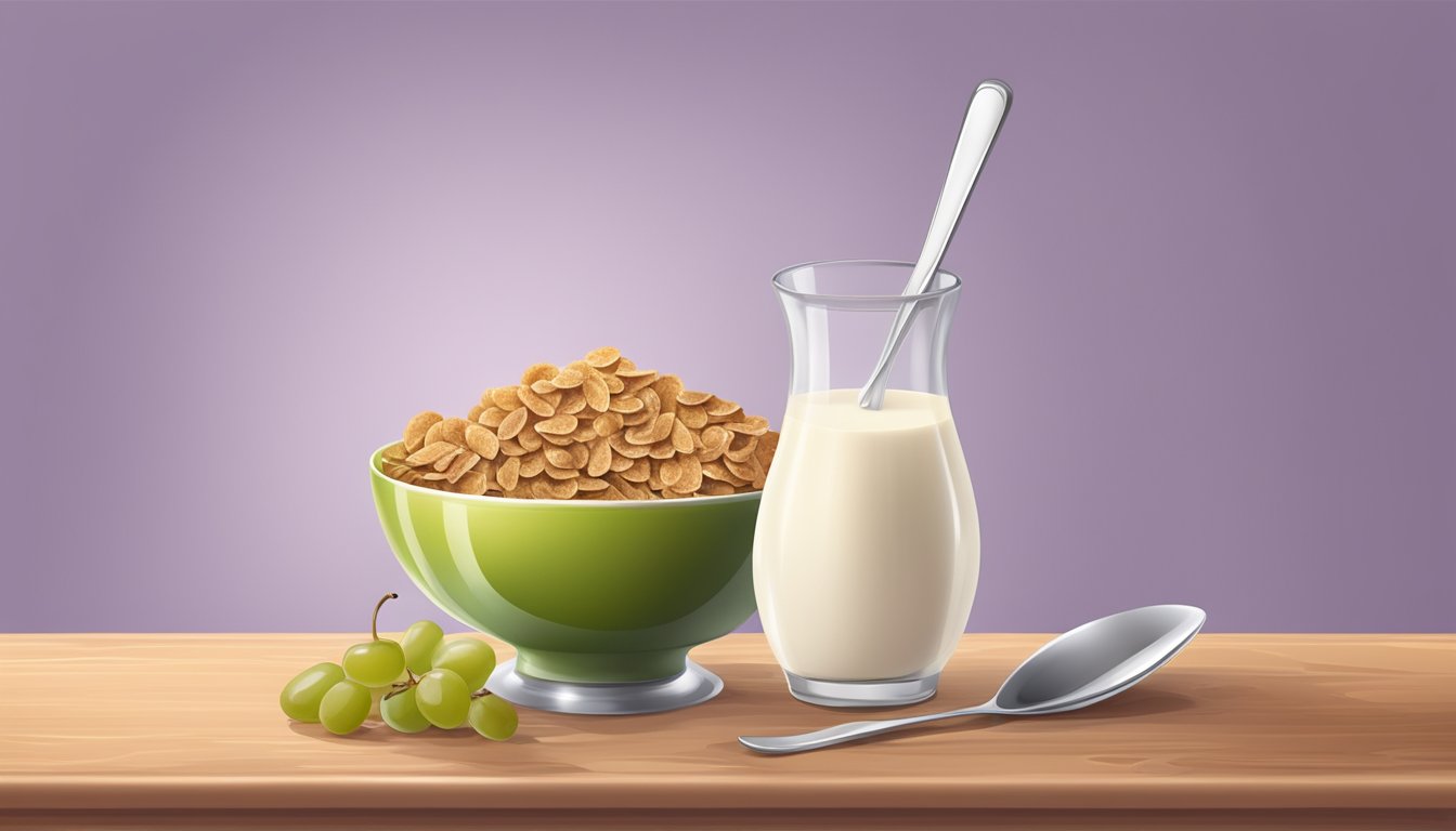 A bowl of grape nut flakes with a spoon and milk on a table