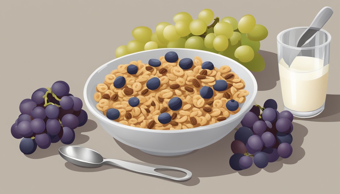 A bowl of raisin bran cereal with a spoon, surrounded by a glass of milk, a bunch of grapes, and a measuring tape