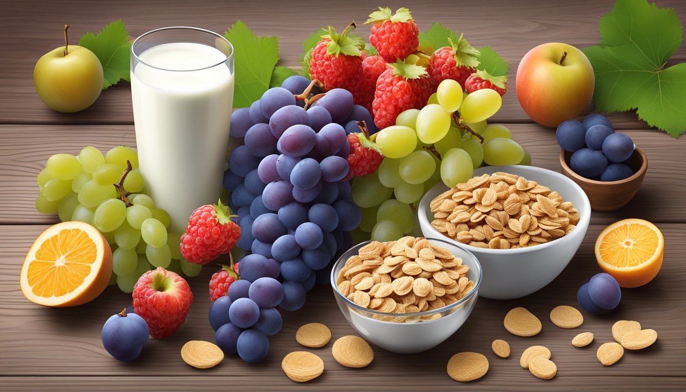 A bowl of Grape Nut Flakes surrounded by a variety of fresh fruits and a glass of milk on a wooden table