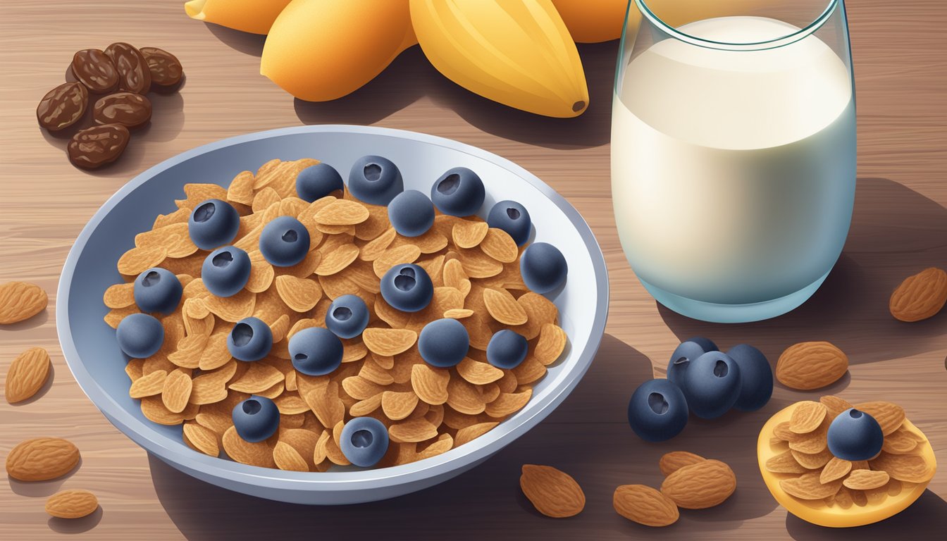 A bowl of raisin bran cereal surrounded by fresh fruits and a glass of milk on a breakfast table