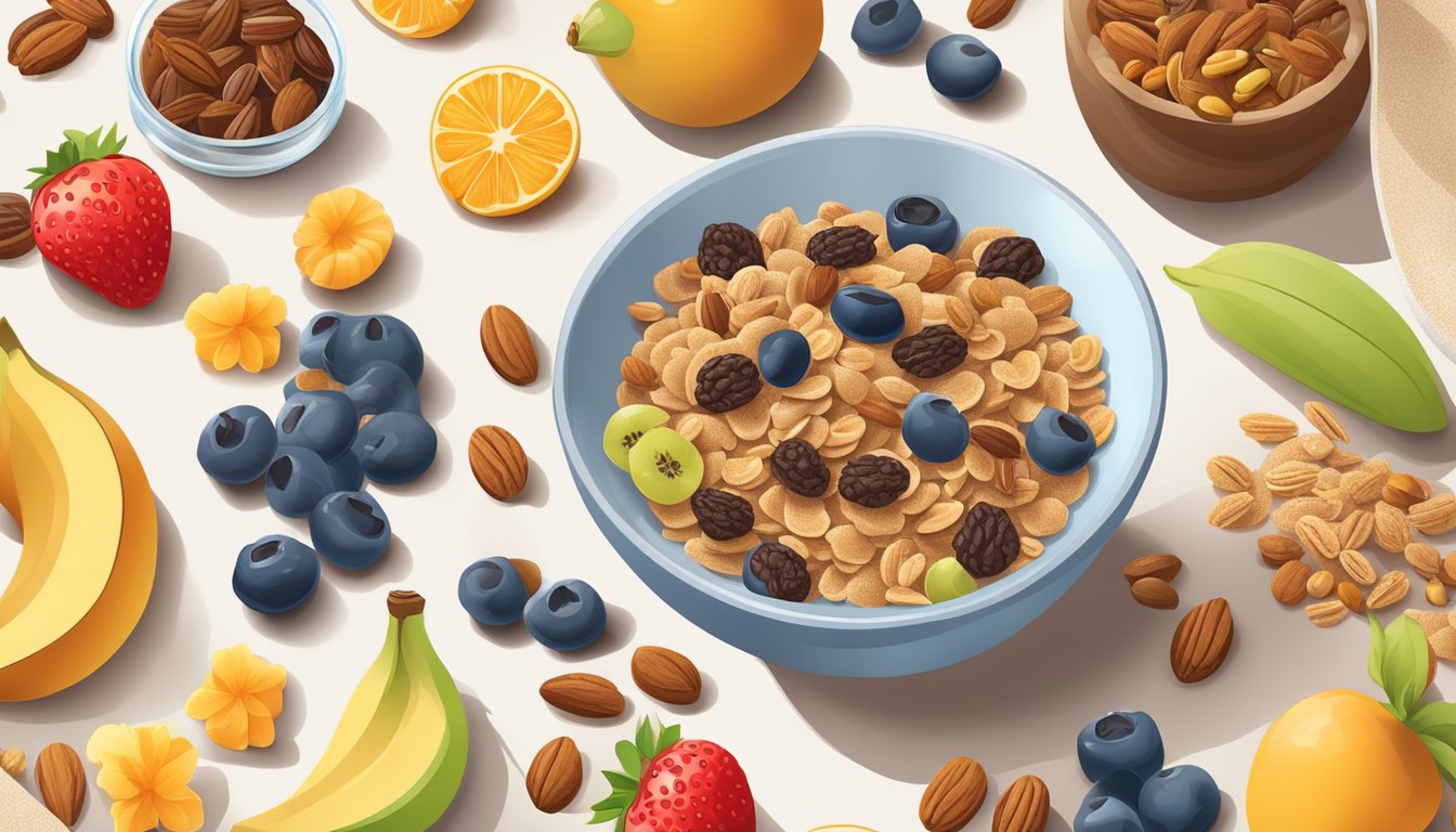 A bowl of raisin bran cereal surrounded by various fruits and nuts, with a glass of milk on the side