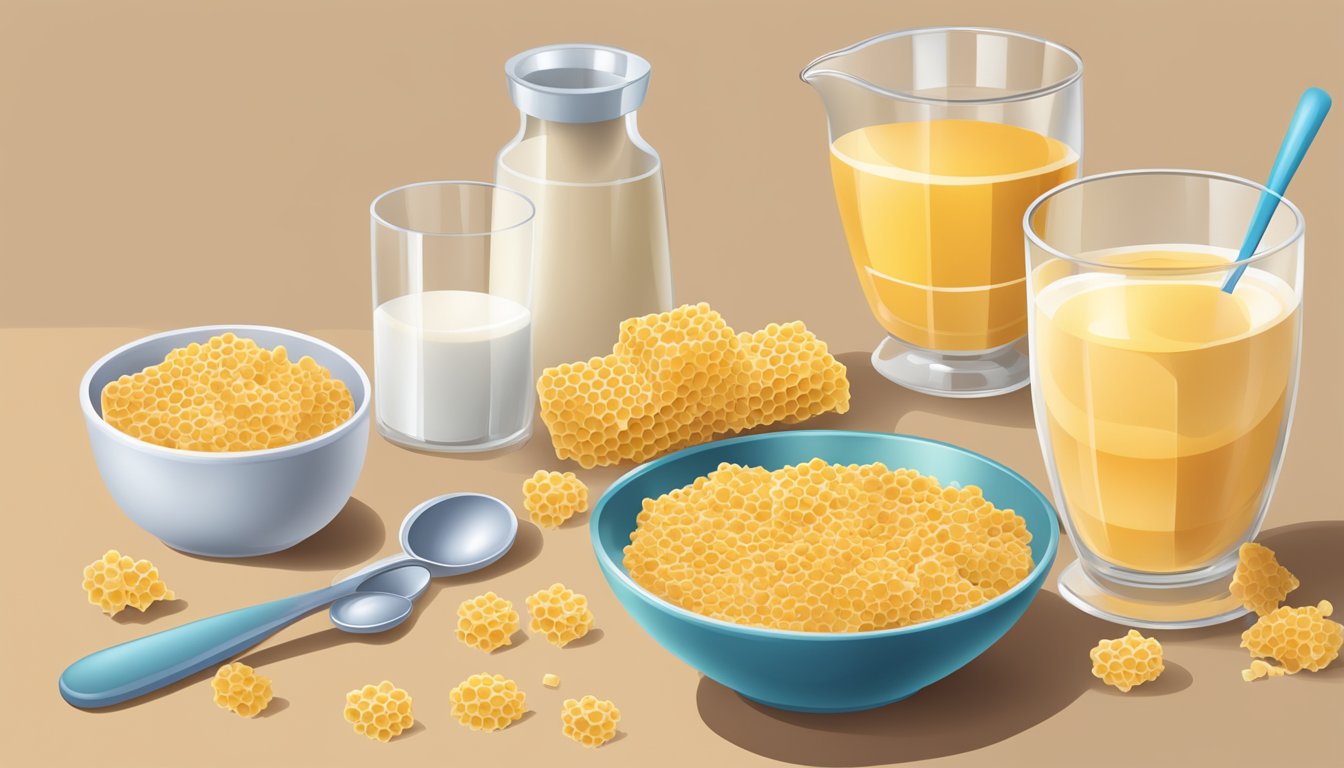 A bowl of honeycomb cereal surrounded by a glass of milk, a spoon, and a measuring cup of sugar