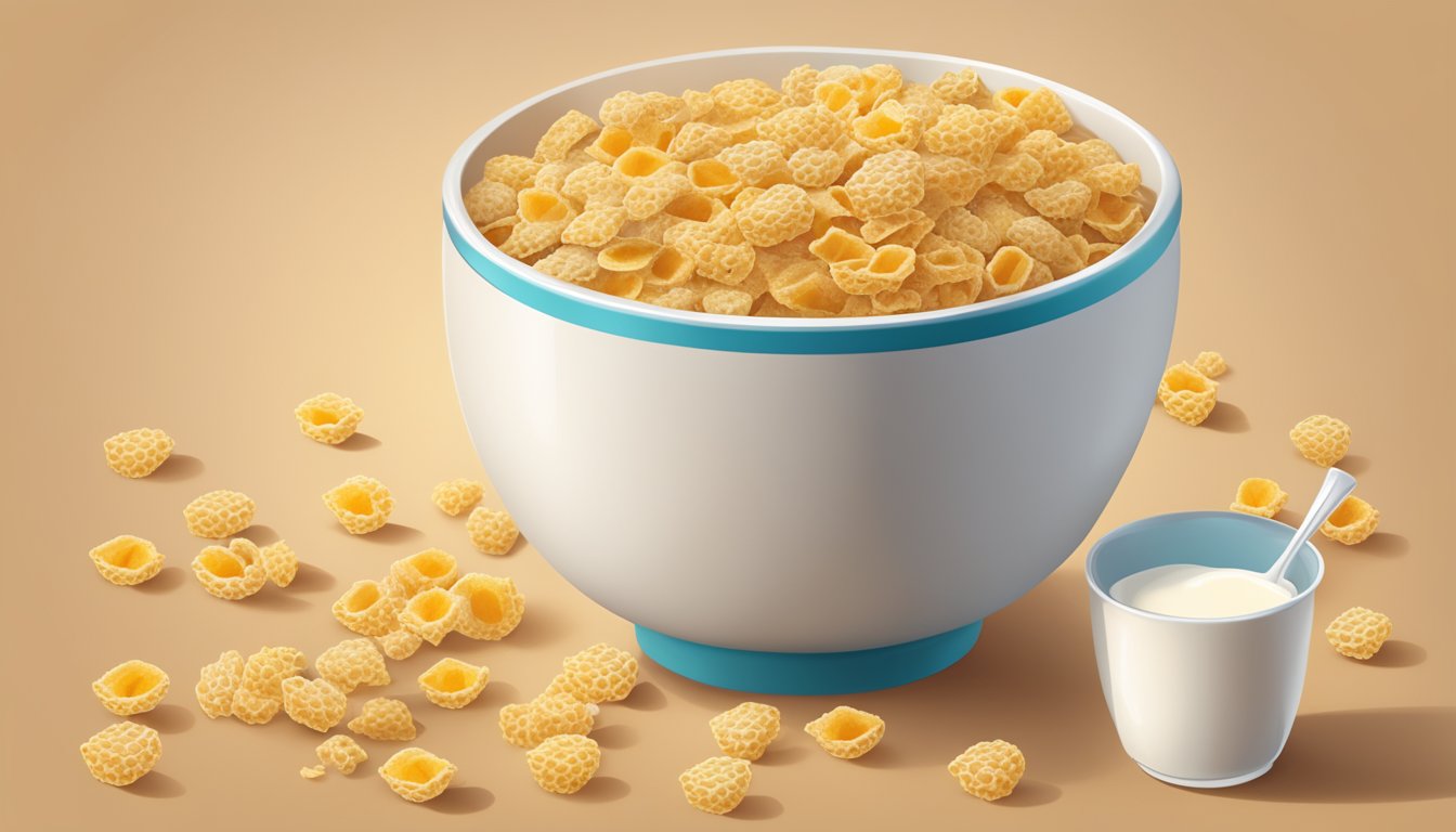 A bowl of honeycomb cereal with milk, surrounded by scattered cereal pieces and a nutrition label