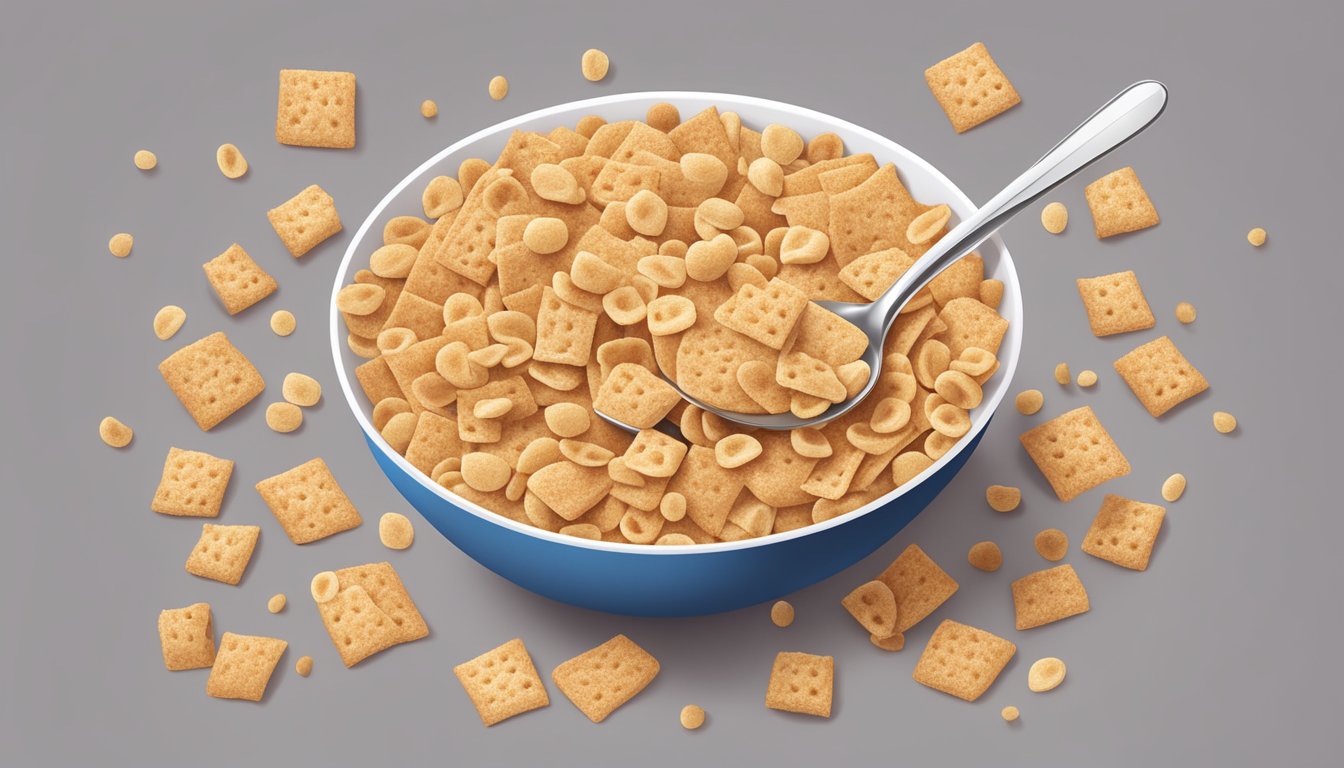 A bowl of cinnamon toast crunch cereal with milk, surrounded by scattered cereal pieces and a spoon