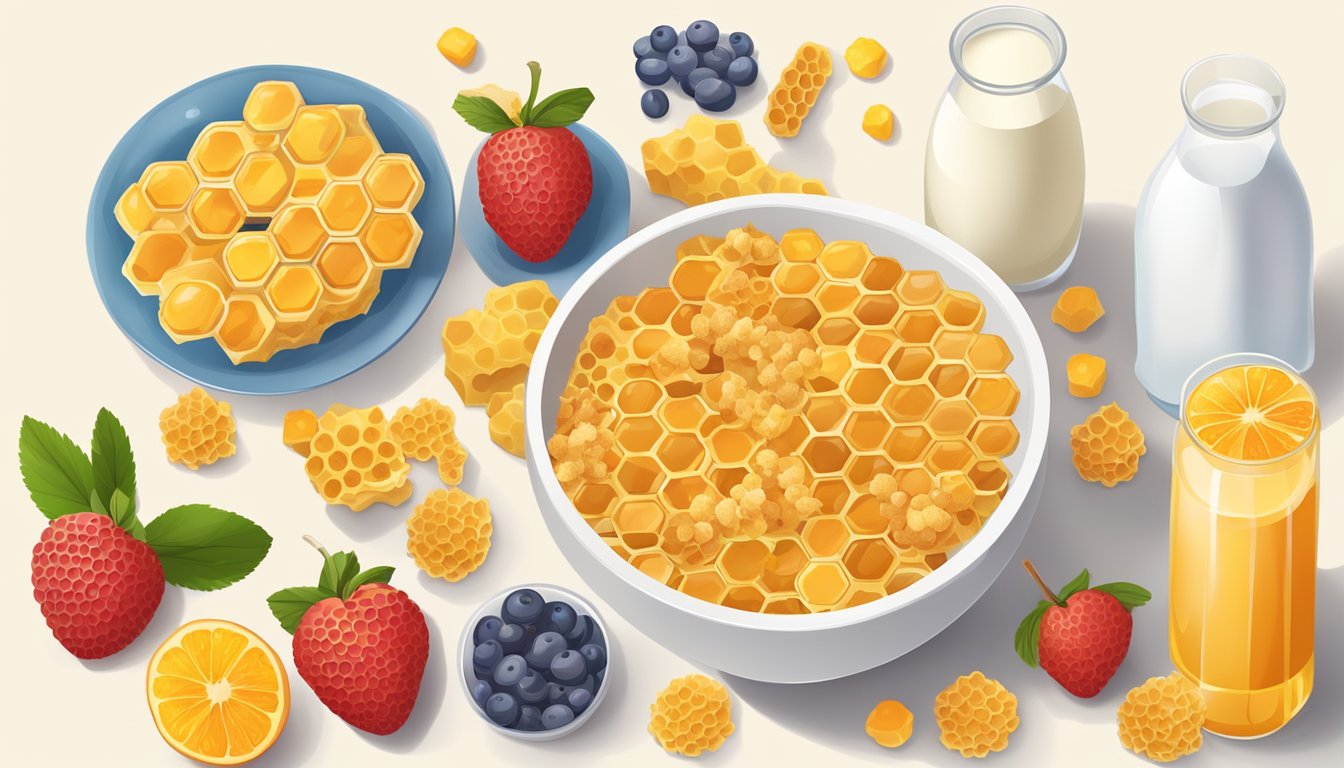 A bowl of honeycomb cereal surrounded by various fruits, a glass of milk, and a bottle of vitamins