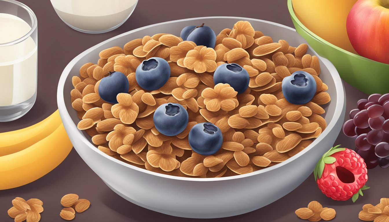 A bowl of raisin bran cereal surrounded by various fruit and milk in the background