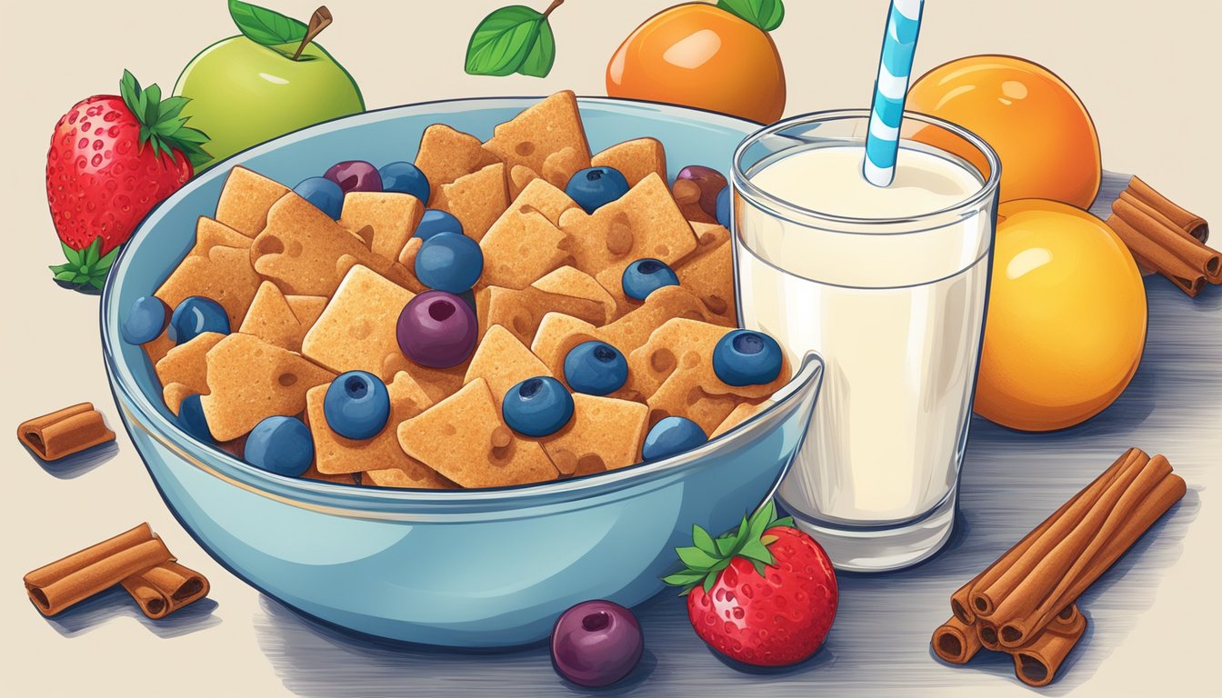 A bowl of cinnamon toast crunch surrounded by colorful fruits and a glass of milk