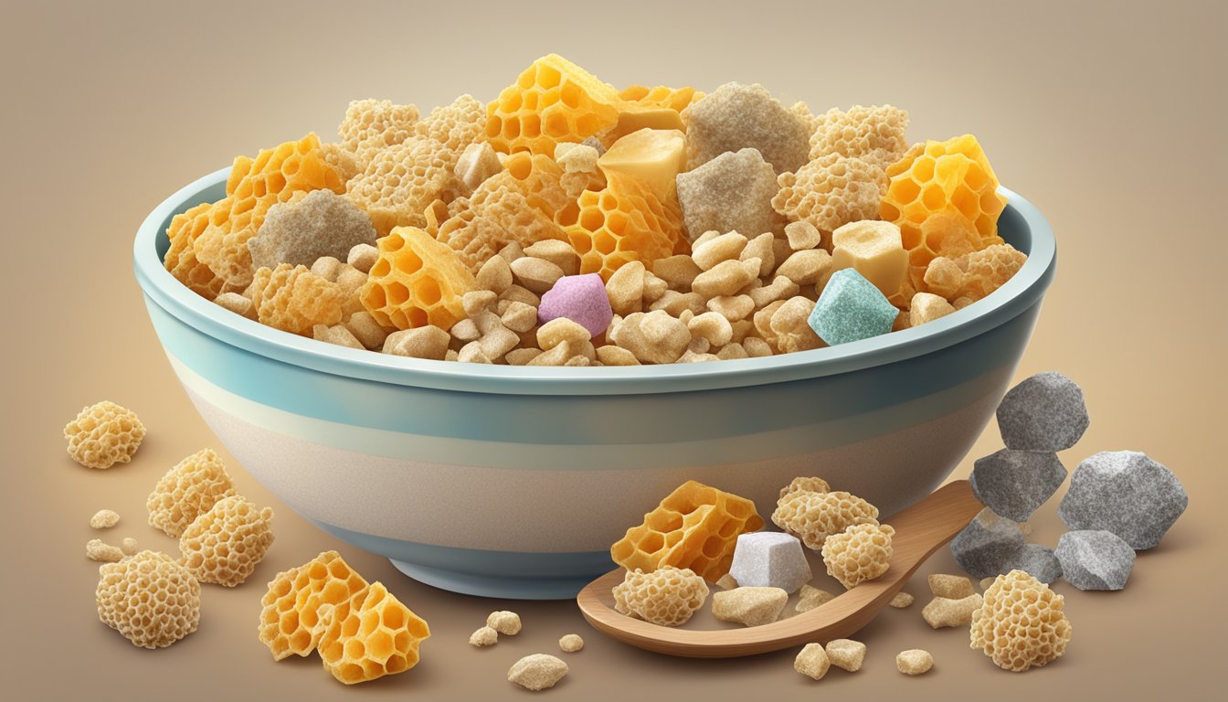 A bowl of honeycomb cereal surrounded by various minerals like calcium, iron, and zinc