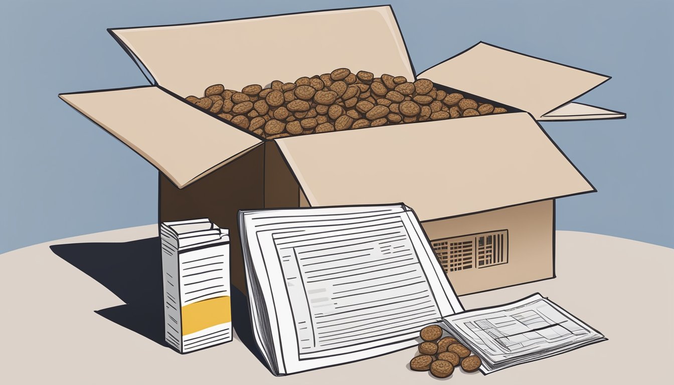 A box of raisin bran cereal surrounded by legal documents and compliance reports