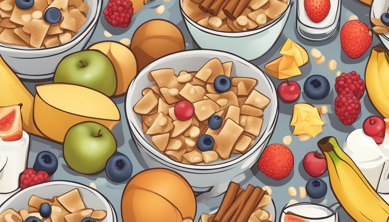 A bowl of cinnamon toast crunch cereal surrounded by a variety of fresh fruits and a glass of milk, symbolizing a balanced and nutritious breakfast option