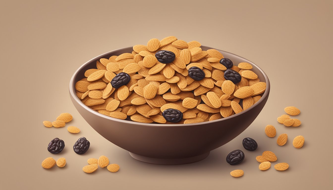 A bowl of raisin bran cereal surrounded by scattered raisins and wheat flakes. Allergen icons displayed nearby