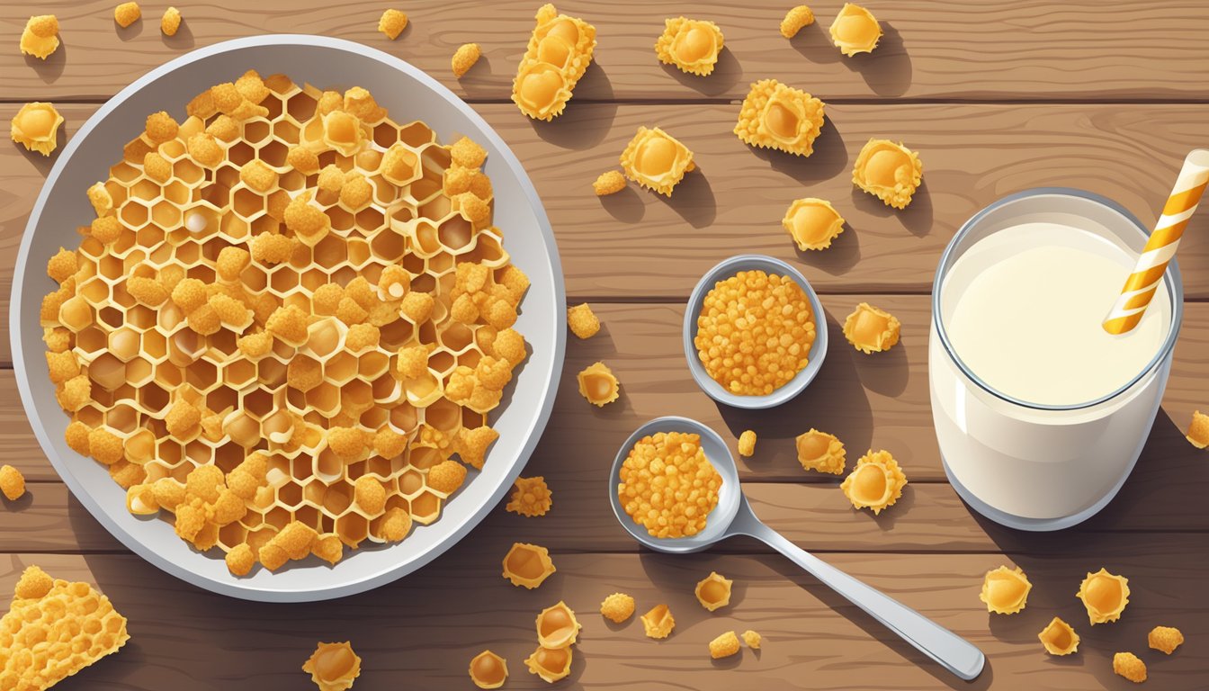 A bowl of honeycomb cereal surrounded by scattered cereal pieces and a glass of milk on a wooden table