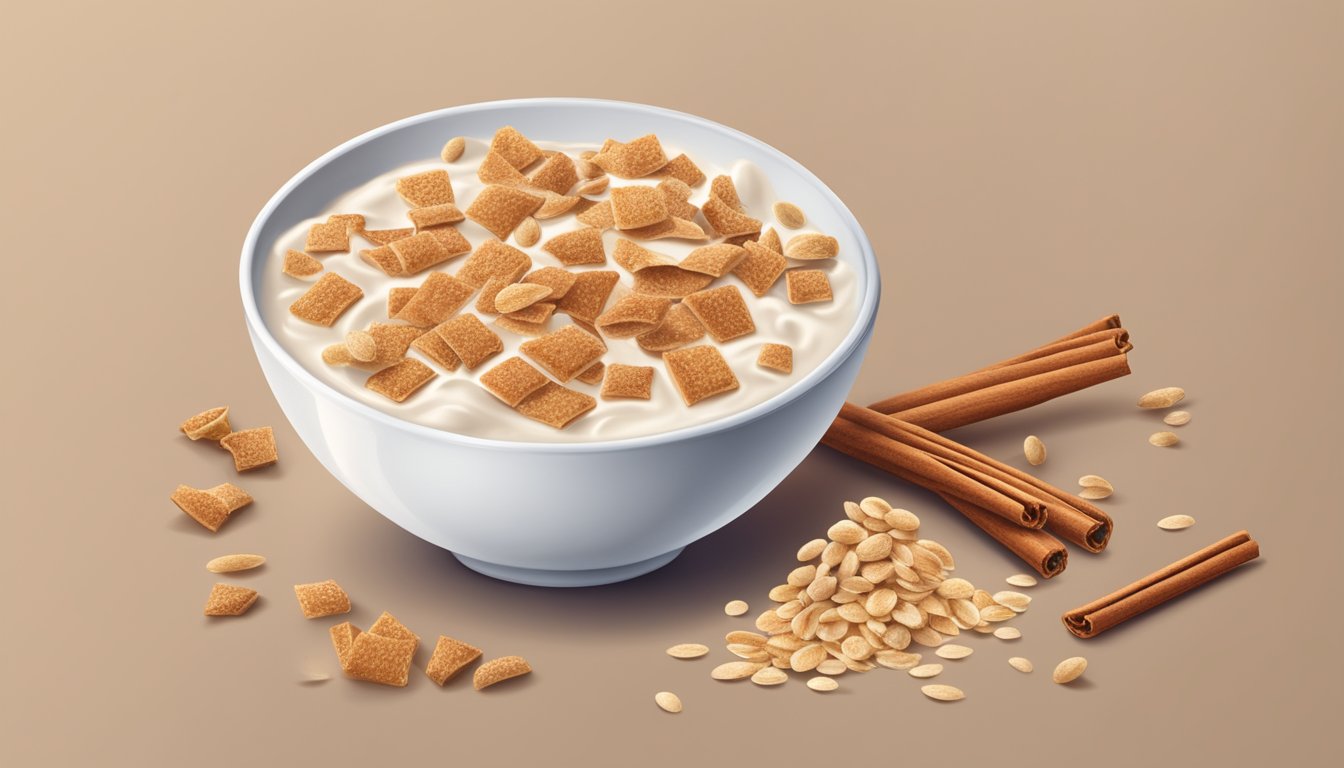 A bowl of Cinnamon Toast Crunch cereal with a splash of milk, surrounded by a scattering of cinnamon sticks and whole grain oats