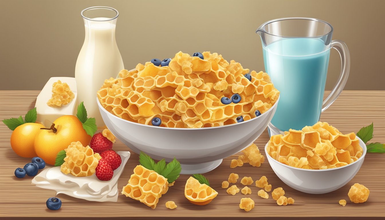 A bowl of honeycomb cereal surrounded by various fruits and a glass of milk on a wooden table