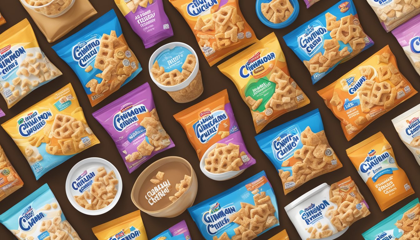 A bowl of cinnamon toast crunch cereal surrounded by different product variations, including different packaging and nutritional information