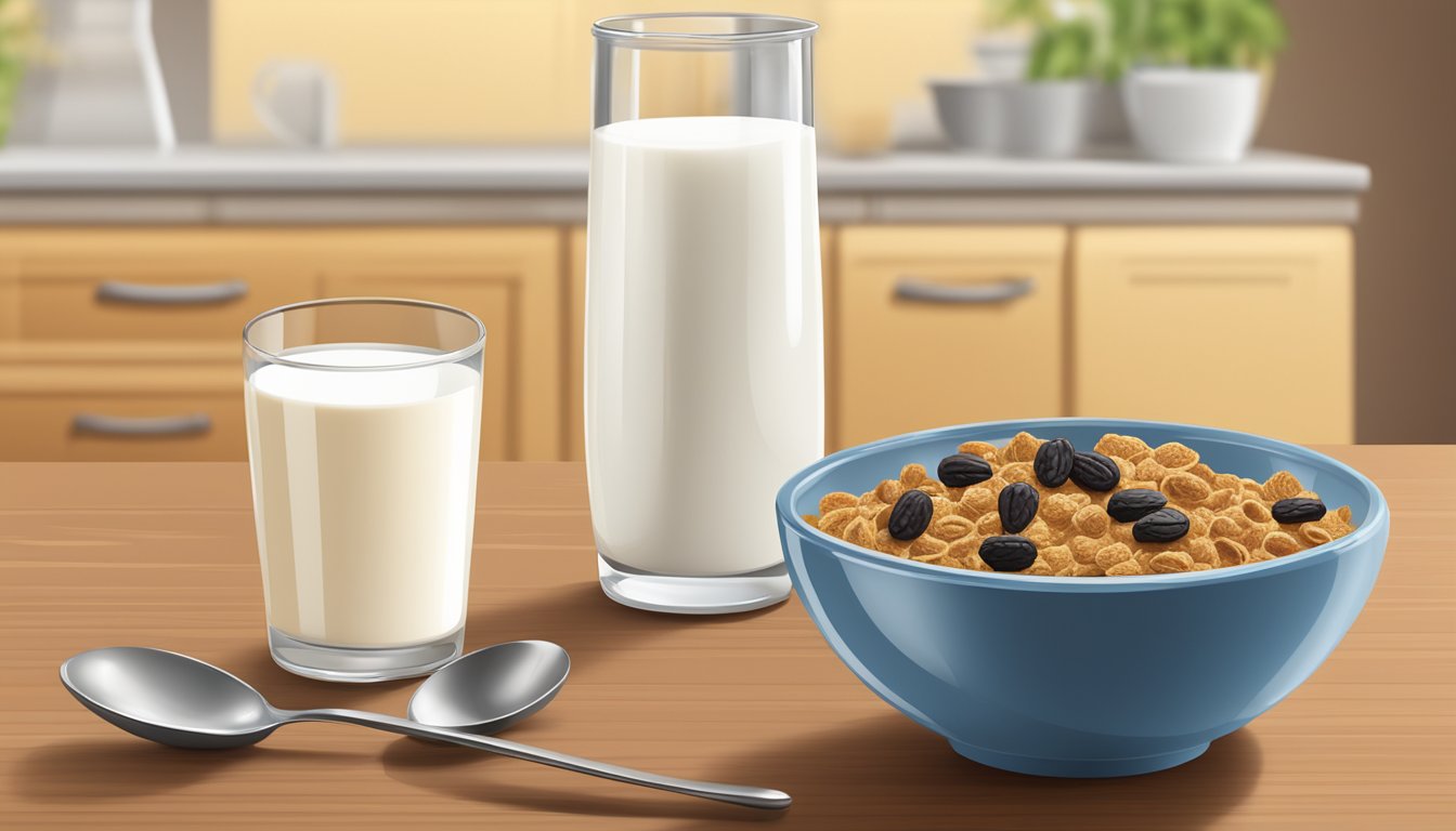 A bowl of raisin bran cereal next to a spoon and a glass of milk on a kitchen table