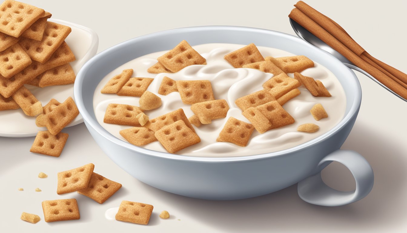 A bowl of Cinnamon Toast Crunch cereal, with milk pouring over it from a pitcher, and a spoon resting on the side